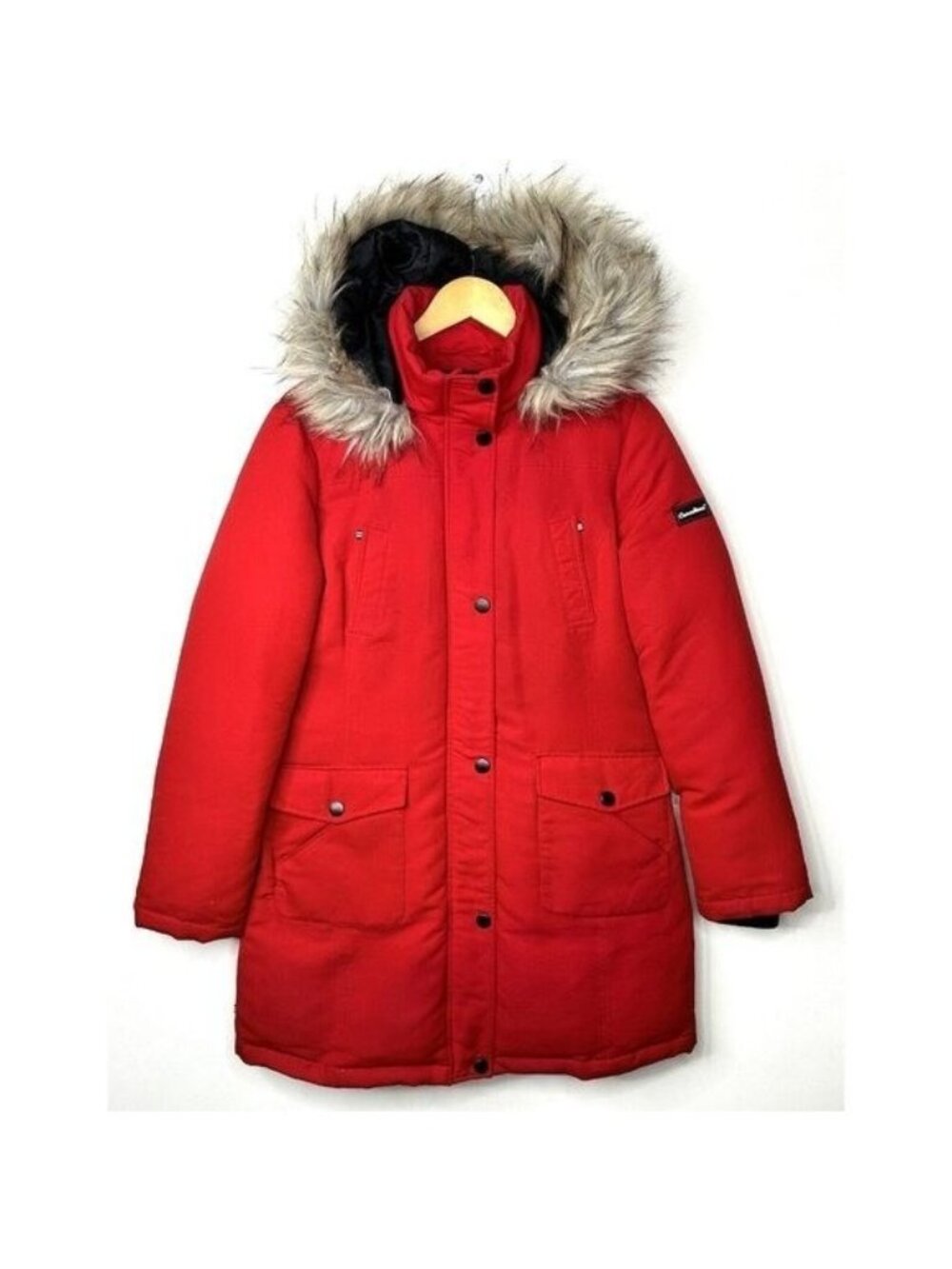 Canadiana Down Parka Jacket Womens Small Red Faux Fur Hooded Winter Coat Zip